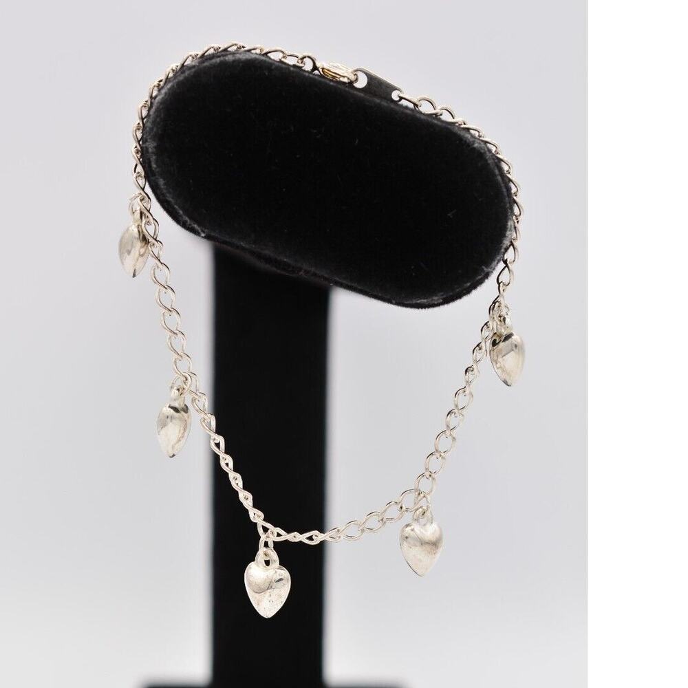 Vintage Puffy Heart Charm Chain Bracelet Silver Tone Valentine's Day Dainty Bin2